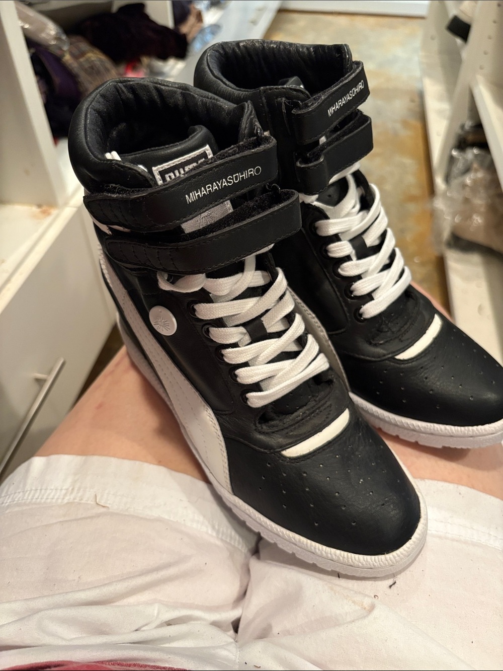 New Puma Black and White High-Top Sneakers with Strap